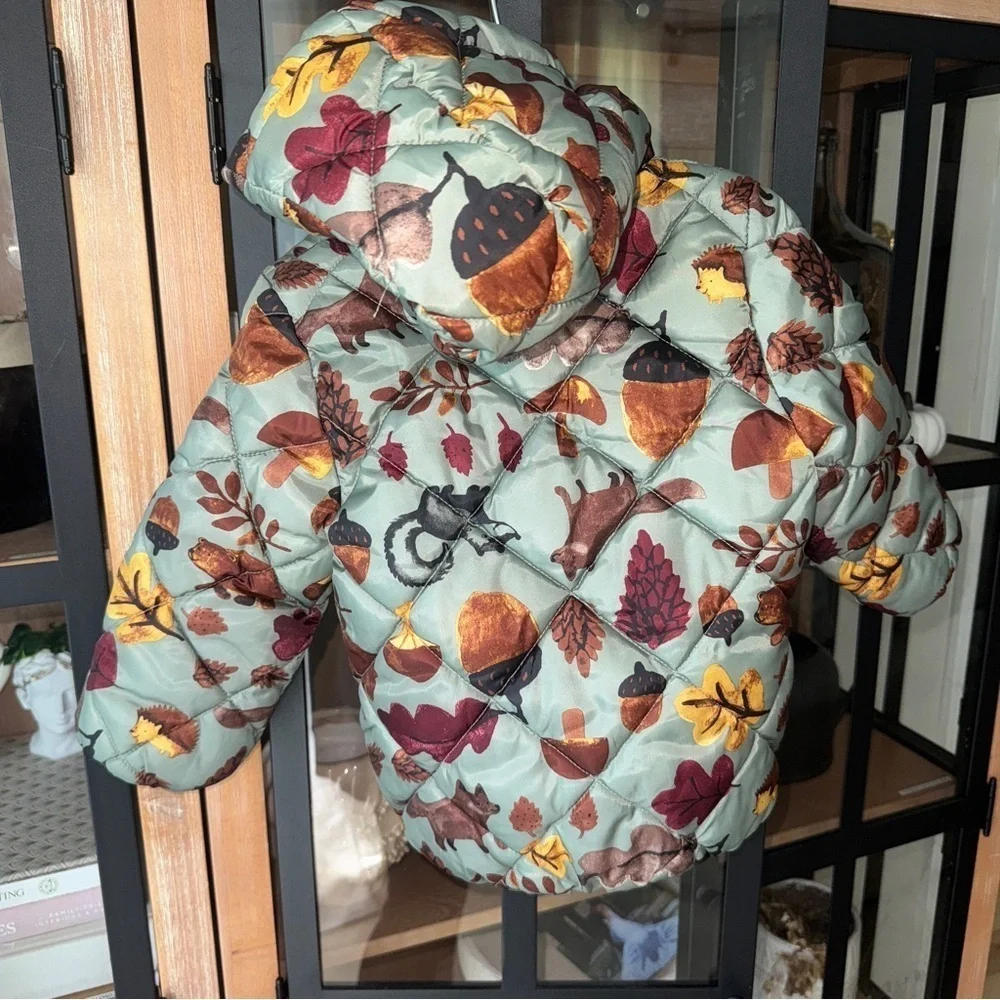 H&M puffer jacket hooded quilted baby boy unisex toddler sage forest animals